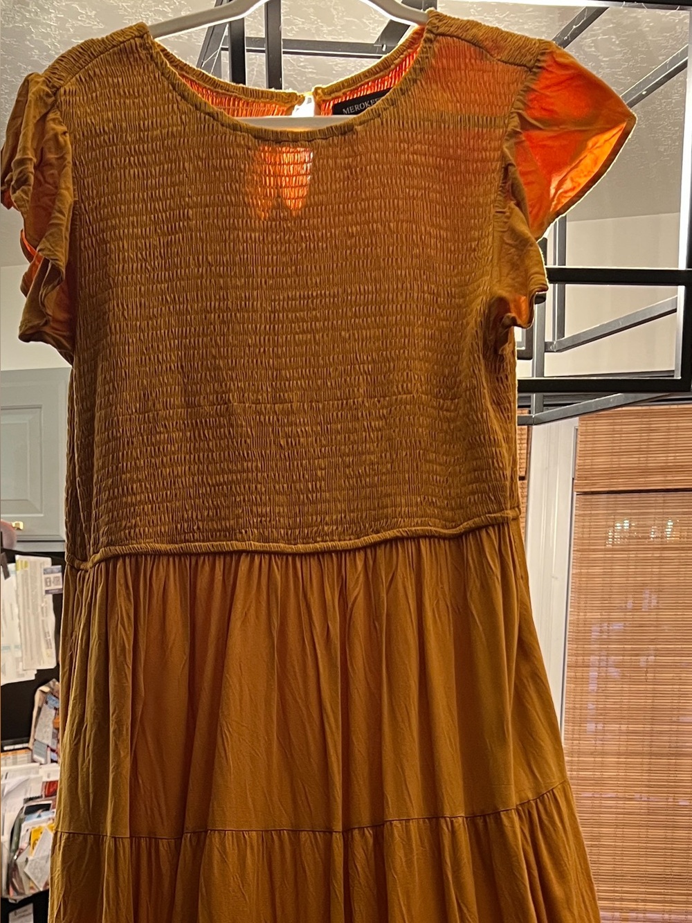 Mustard Tiered Midi Dress with Smocked Bodice